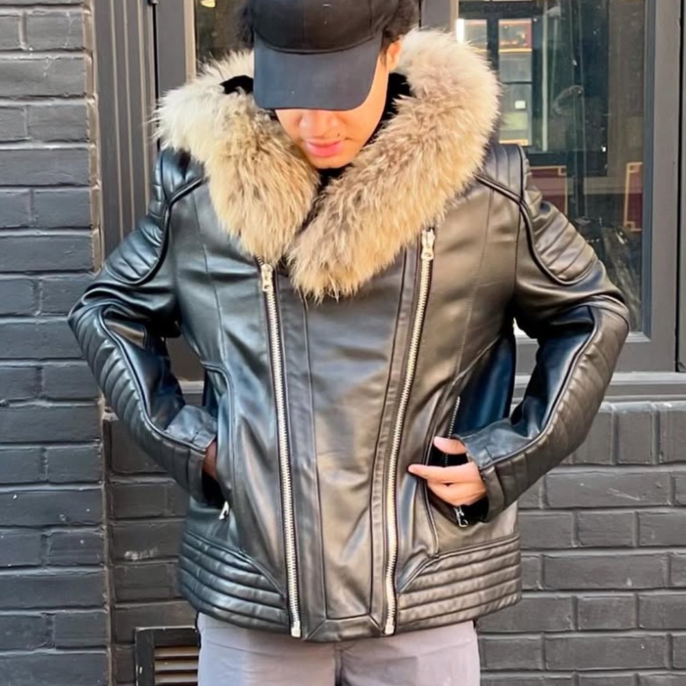 GOOSE COUNTRY Mens Racer Hoodie Leather Jacket